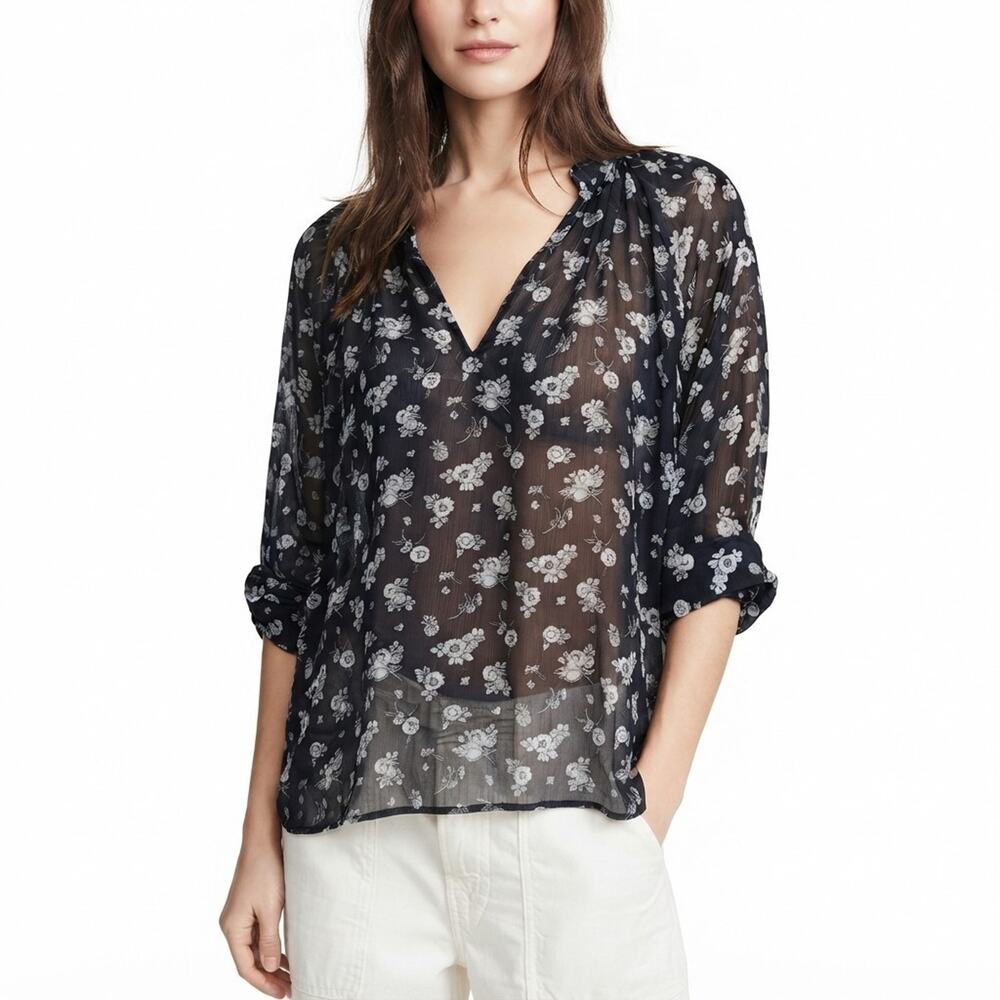 Vince Navy Calico Floral Silk Chiffon Popover Blouse Medium Sheer Boho Romantic